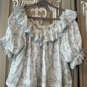 DOEN “SAMARA” TOP, 🍃🤍🍃blue Floral Ruffle Blouse, Size M